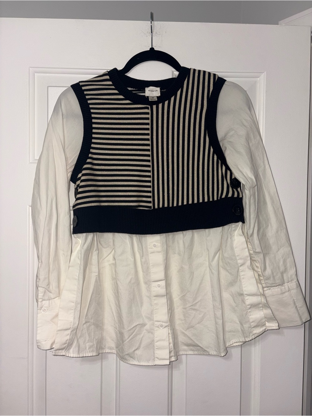 Maeve Black and Cream Striped Knit Vest Shirt Combo